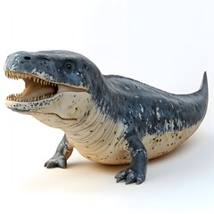 A digitally rendered amphibian with mottled blue-gray skin and menacing teeth, isolated against a stark white backdrop. Mythical creature isolated on a white background.