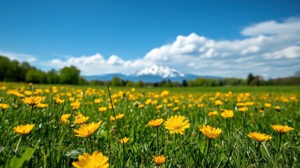 Obraz premium A vibrant field of yellow wildflowers stretches toward a snow-capped mountain under a bright blue sky with fluffy white clouds.