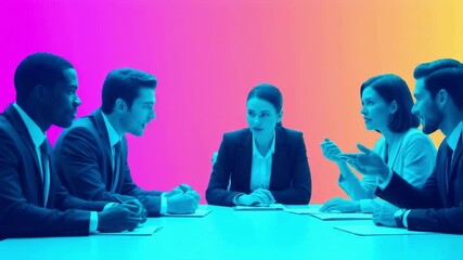 Diverse team of business people having a discussion at a meeting table under colorful neon lights, representing creative brainstorming, corporate innovation and modern teamwork - Powered by Adobe