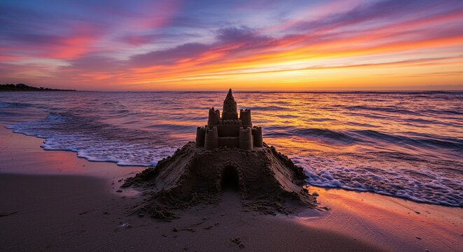 A stunning sunset illuminates a sandcastle on a sandy beach with ocean waves gently lapping.