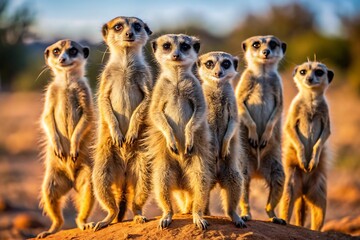 A group of meerkats stands together on a mound, alert and watchful