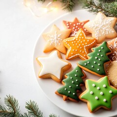 Festive star and Christmas tree-shaped cookies decorated with colorful icing on a white plate, surrounded by pine branches and warm holiday lights.