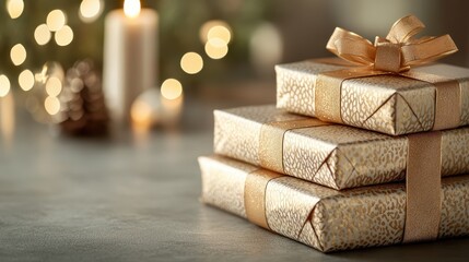 Three gold-wrapped gift boxes tied with bows are stacked, with blurred candles and warm lights in the background creating a festive atmosphere.
