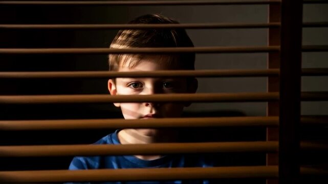 A curious or frightened young boy peeking through wooden blinds in a dark room, his eyes wide, a concept for themes of child safety, curiosity, social anxiety or domestic secrecy