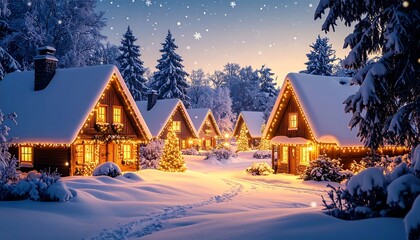Fototapeta premium Snowy village, warm lights, Christmas