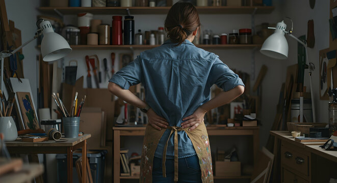 Artisan Woman in Workshop Back View Craftswoman Creative Studio Small Business Owner Art Hobbyist Painter Designer Interior Decorator