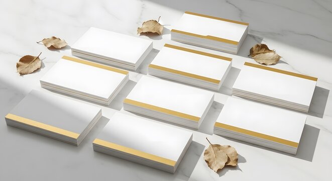Elegant blank business cards arranged on a marble surface with autumn leaves.
