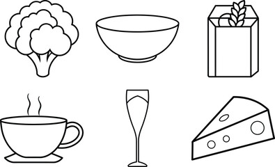 Flat style cauliflower dessert fries tea cup wine glass and cheese slice line art illustration
