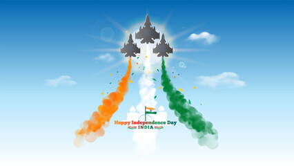 Happy Independence Day in india. freedom celebration concept. Air force fighter jet show parade, red fort and tricolor patriotic background.