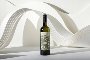 Elegant green wine bottle with abstract white paper waves