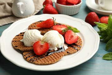Tasty Dutch waffles (stroopwafels) with ice cream, chocolate sauce, mint and strawberries on light blue wooden table, closeup