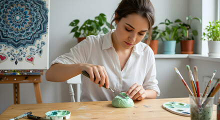 Young woman artist creates beautiful pottery art in her home studio crafting clay sculpture hobby creative handmade artwork