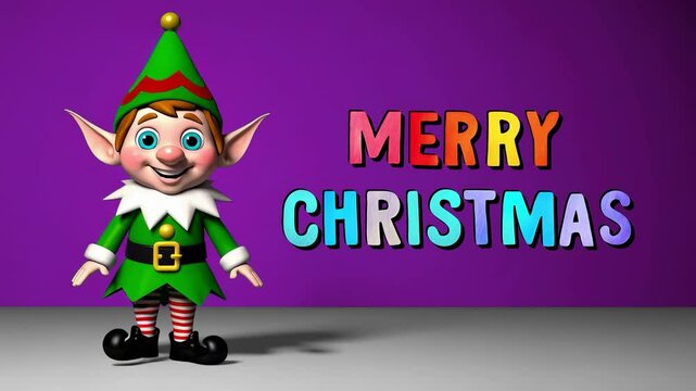 Festive 3D animation of a cheerful Christmas elf dancing next to bold, colorful "MERRY CHRISTMAS" text on a purple background. Perfect for holiday greetings, festive intros, or animated holiday cards.