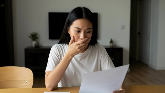 Shocked asian woman looking at bills and calculator, stressed by financial problems or debt, concept of economic crisis, high taxes, inflation and personal bankruptcy