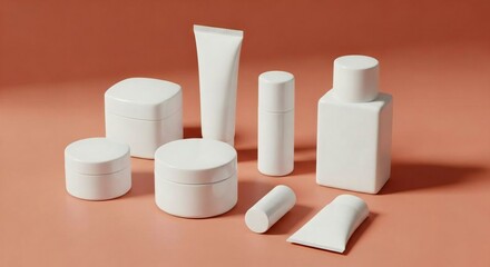 Arrangement of sleek white cosmetic containers displayed against a soft peach colored background.