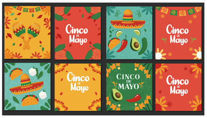 Colorful Cinco de Mayo Square Card Collection - 8 Festive Mexican Vector Designs