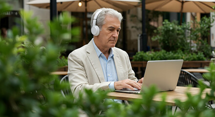 Senior man working on laptop outdoors wearing headphones enjoying coffee break