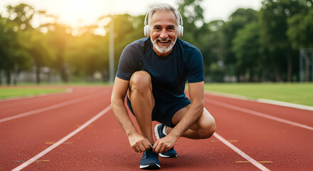 Senior man tying shoelaces on running track enjoying active lifestyle fitness health wellness exercise sport outdoor headphones