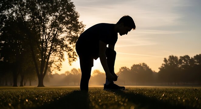 Silhouette of a man tying his shoelace in a grassy field at sunrise, with trees and mist in the background. - Powered by Adobe
