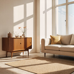 Bright mid-century living room with low-profile teak sideboard and linen sofa