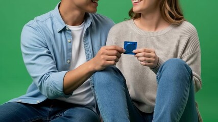 Happy multiracial couple holding a condom together and smiling on a green screen background, representing safe sex, contraception, and responsible relationship choices - Powered by Adobe