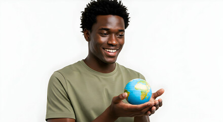 Man holding small globe smiling happy earth day environmentalism global sustainability eco friendly