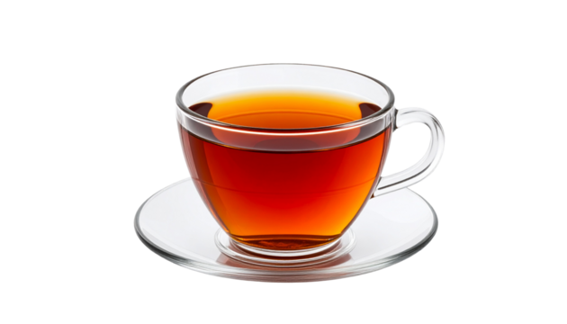 Glass cup of tea with visible amber liquid and subtle steam