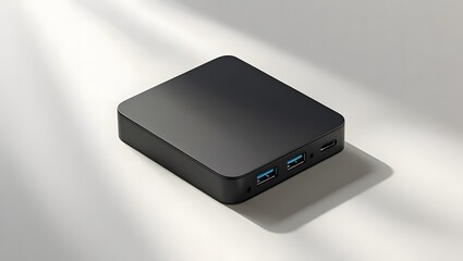 External hard drive mockup USB-C port visible, black matte texture, angled top view on seamless white background, realistic lighting and shadow