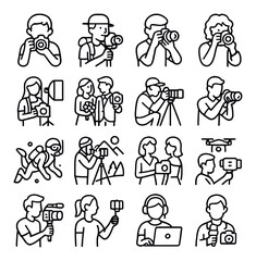 Naklejka premium Camera user types line art icons. hobbyist photographer, travel vlogger, pro photographer, street shooter, studio photographer, wedding photographer, wildlife shooter, sports
