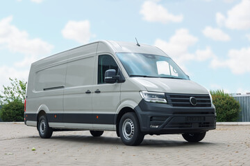 One white minibus parked on paved road outdoors