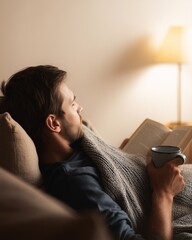 A close-up on the details of a perfect 'hygge' afternoon: hands warming around a mug, with an open book resting on a soft woolen sweater.