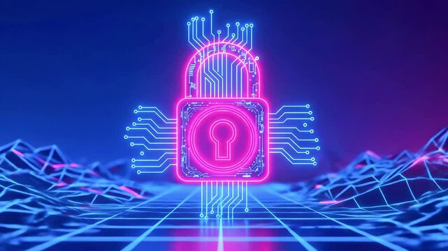 Futuristic digital lock with circuit patterns on a vibrant neon landscape, symbolizing cybersecurity