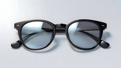 Classic sunglasses mockup with black frame and reflective lenses, flat lay style on white background, high-gloss and realistic look