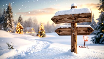 Snowy winter landscape with wooden signpost