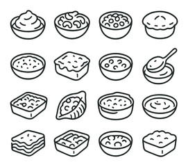 Creamy comfort foods line art icons. mashed potatoes, macaroni and cheese, creamed corn, chicken pot pie, creamy risotto, cheesy bake, chowder bowl, creamy soup spoon, tuna