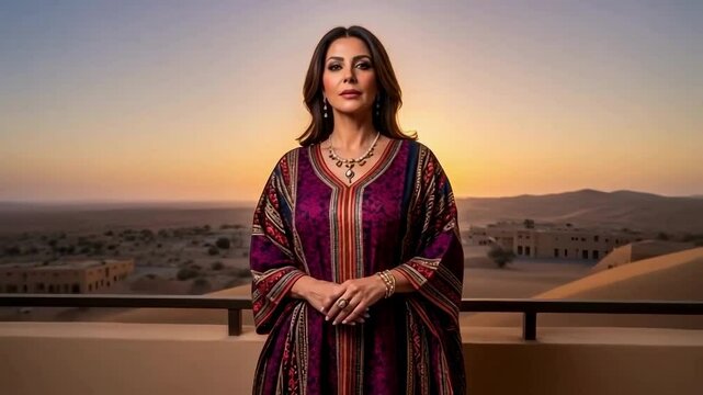 Elegant middle eastern woman in a traditional kaftan stands confidently on a balcony with a desert sunset view, perfect for content on culture, luxury travel, or female leadership