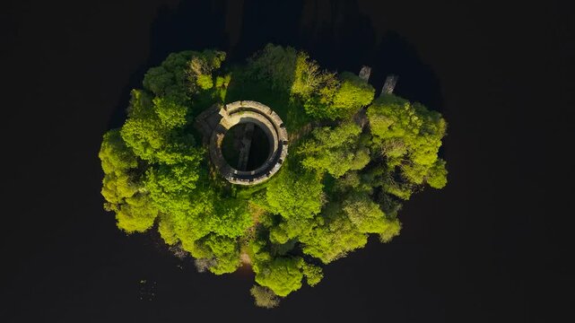 Top View Of The Renowned Cloughoughter Castle In Lough Oughter Near Killeshandra In County Cavan, Ireland. Aerial Shot