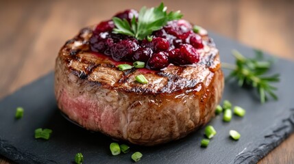 Succulent Piece of Meat Topped with Cranberry Sauce on Dark Slate