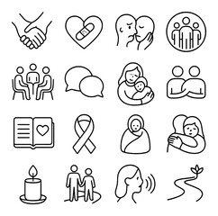 Parental grief support line art icons. holding hands, heart with bandage, empathy symbol, family circle, support group icon, talking bubble, warm hug, shared silence, grief journal