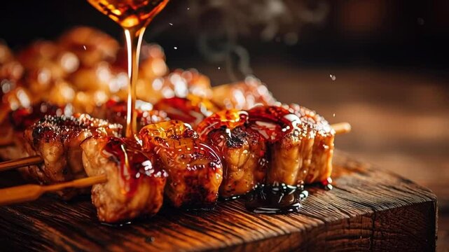 grilled yakitori skewers with tare sauce dripping