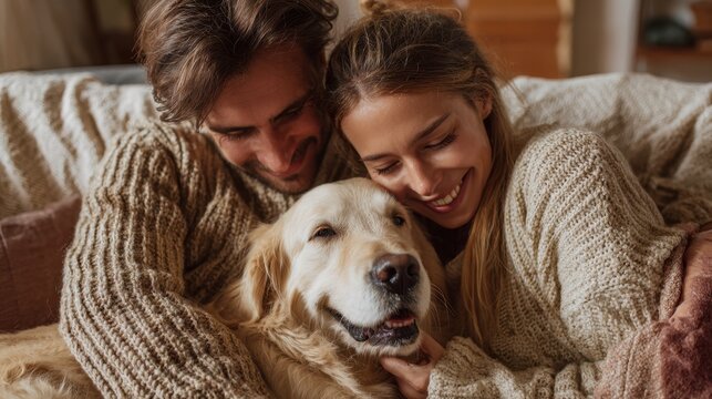 Cozy moments shared between a couple and their golden retriever in soft golden light during a tranquil afternoon at home