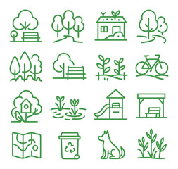 Green urban spaces line art icons. public park, tree alley, green roof, walking path, urban forest, garden bench, community garden, bike trail, bird habitat, natural pond,