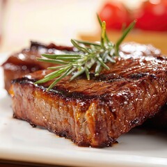 juicy grilled steak served on a white plate . aspect ratio 1:1