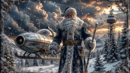 Santa Claus walking with two reindeer in snowy landscape under moonlight

