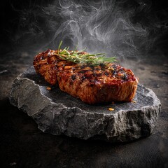 juicy grilled steak served on a stone slab plate  . aspect ratio 1:1