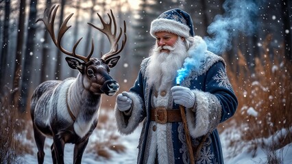 Santa Claus interacting with reindeer in snowy forest with magical spark
