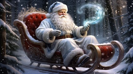 Santa Claus sitting in ornate sleigh casting magical spell in snowy forest
