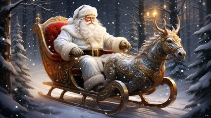 Santa Claus riding ornate sleigh through snowy forest with magical atmosphere
