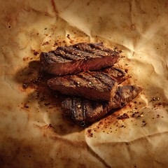 juicy grilled steak served on a greasy cooking paper . aspect ratio 1:1