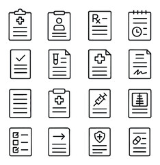 Healthcare documents line art icons. medical report, patient chart, prescription sheet, appointment note, treatment plan, lab results, insurance claim, consent form, health history
